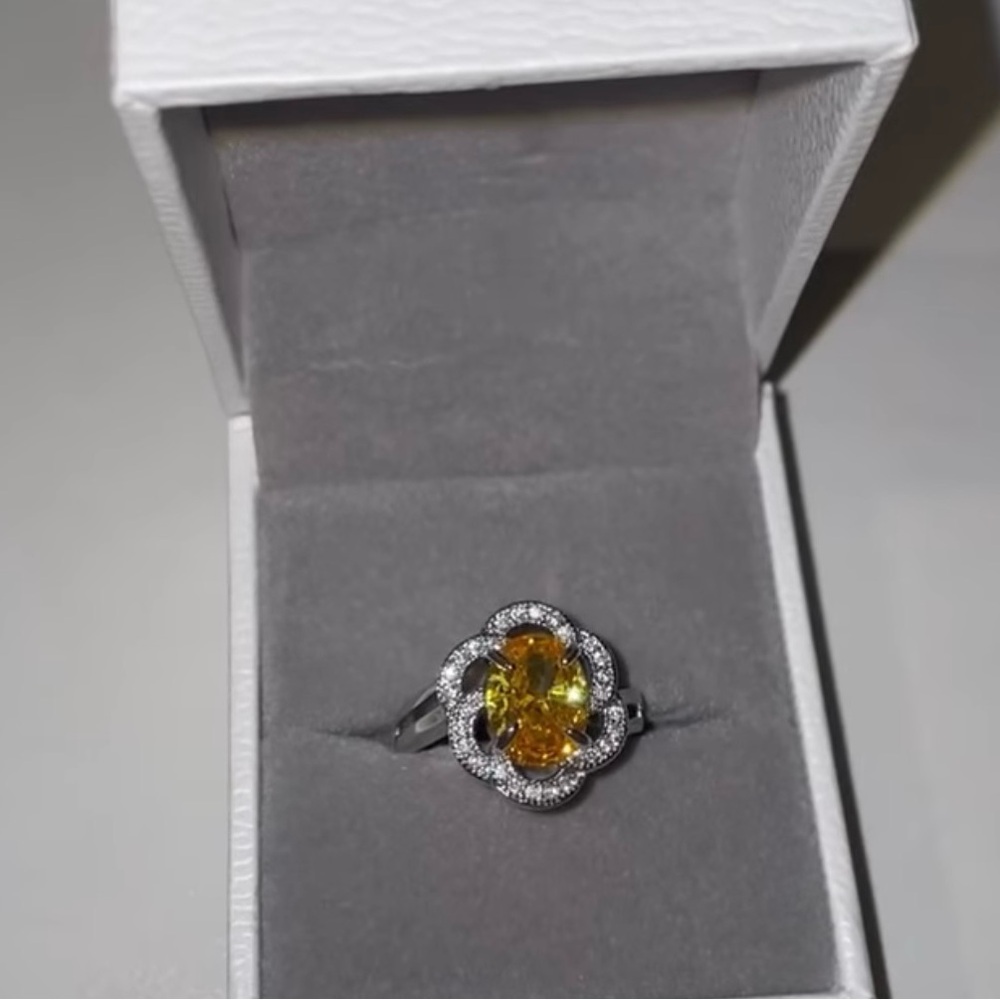 Elegant Yellow zirconia diamond Halo Floral Ring - Sparkling Silver Tone - Picture 2 of 2